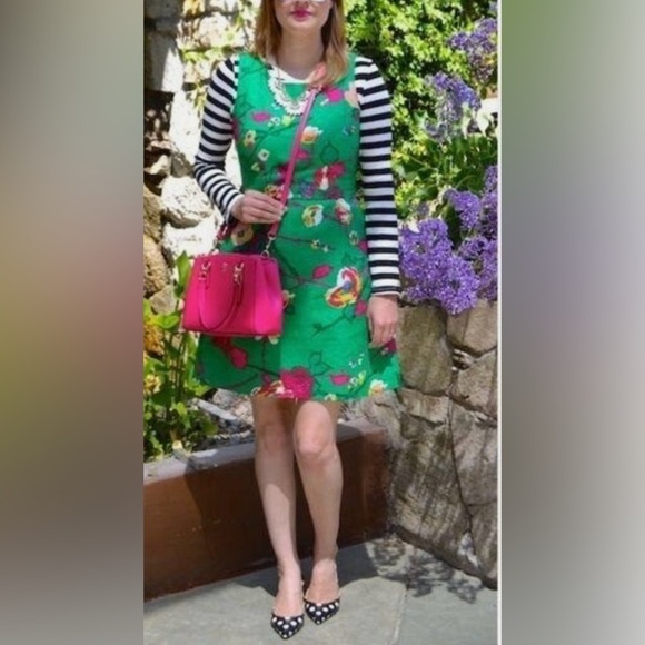 J. Crew Pleated Shift Dress Floral Green Linen Sleeveless Knee Length Size 2 - Picture 2 of 11